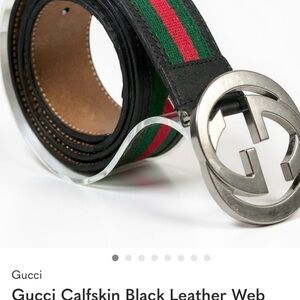 Gucci Black Leather Belt with Green and Red Stripe